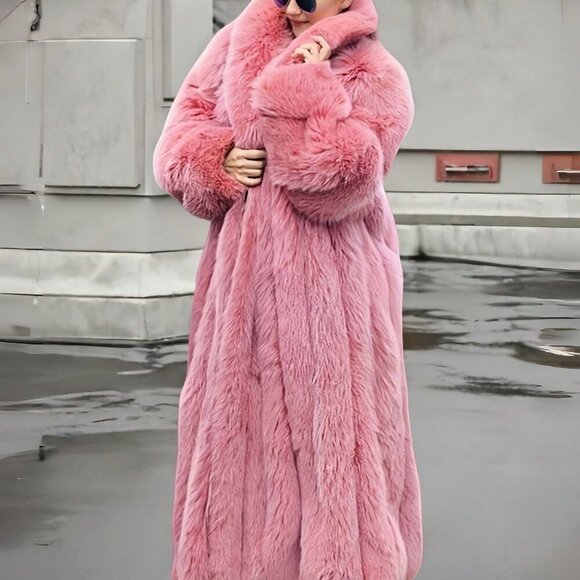 Pink Casual Womens Luxurious Waterfall Neckline Flowy  Faux Fur Long Jacket Coat - Picture 6 of 8